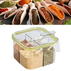 4 gitter klar krydderæske Køkken krydderipotte Krydderier Opbevaringsbeholder med låg og ske Gennemsigtig og grøn