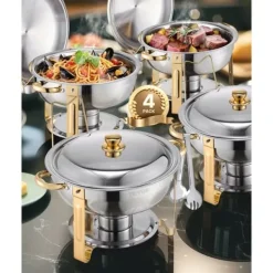 5 Qt 4 Pakke Rund Chafing Fad Buffet Sæt, Fuld Størrelse Pan, Rustfrit Stål, Slidstærk og Æstetisk Outlet