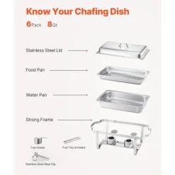 8 Qt Varmefad Buffetsæt, 6-pak Rektangulær, Fuld Størrelse Pande i Rustfrit Stål Sale