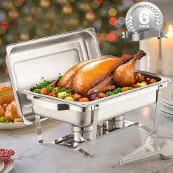 8 Qt Varmefad Buffetsæt, 6-pak Rektangulær, Fuld Størrelse Pande i Rustfrit Stål Sale