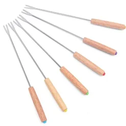 Fonduesæt>6 stk fondue gaffel multifunktionel rustfrit stål træhåndtag fondue gaffel til frugt ost Fondue chokolade springvand