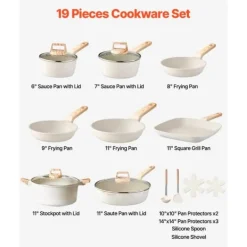 Køkkenudstyrssæt>19 stk. Grydesæt og pandesæt, Granit Nonstick, Kvalitets køkkengrej i hvid farve