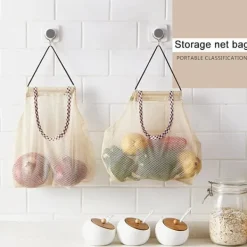 3 stk. hængende netopbevaringsposer til frugt, kartofler, løg, grøntsager, genanvendelige netopbevaringsposer Sale