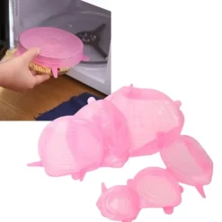 6 stk. låg til madforsegling, udvideligt, genanvendeligt, grøntsags- og frugtforsegling til køkkenbrug, lyserød