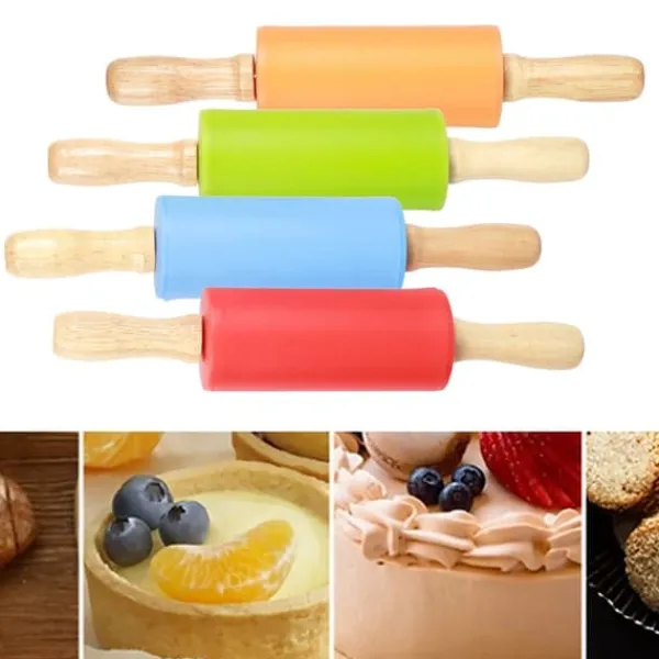 4 stk. mini kagerulle med træhåndtag, non-stick silikone kageruller til hjemmekøkken, bageværktøj til børn Best