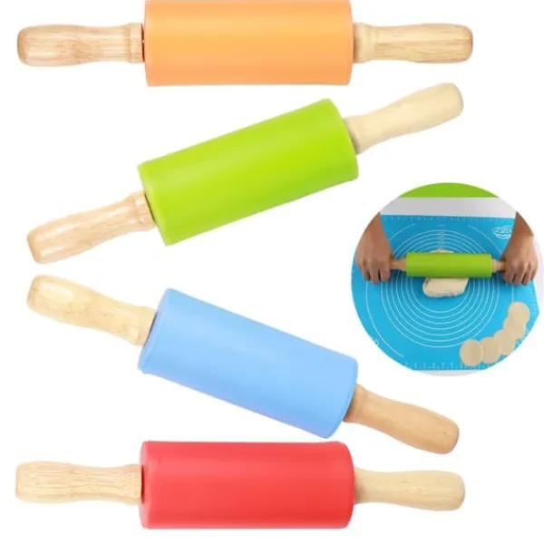 4 stk. mini kagerulle med træhåndtag, non-stick silikone kageruller til hjemmekøkken, bageværktøj til børn Best