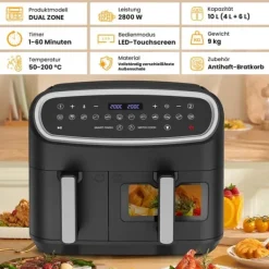 Fritøse>Air Fryer, 10L Kapacitet, Dobbelt Zone Drift,sort, EU