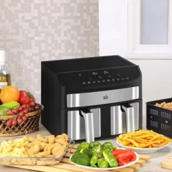 Airfryer 8 L med dobbeltkammer, 2400 W, 10 programmer, touchscreen, opskrifter, sort