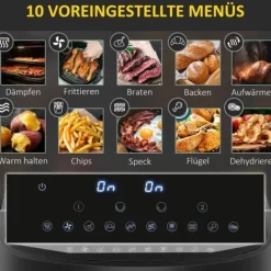 Airfryer 8 L med dobbeltkammer, 2400 W, 10 programmer, touchscreen, opskrifter, sort