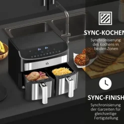 Airfryer 8 L med dobbeltkammer, 2400 W, 10 programmer, touchscreen, opskrifter, sort