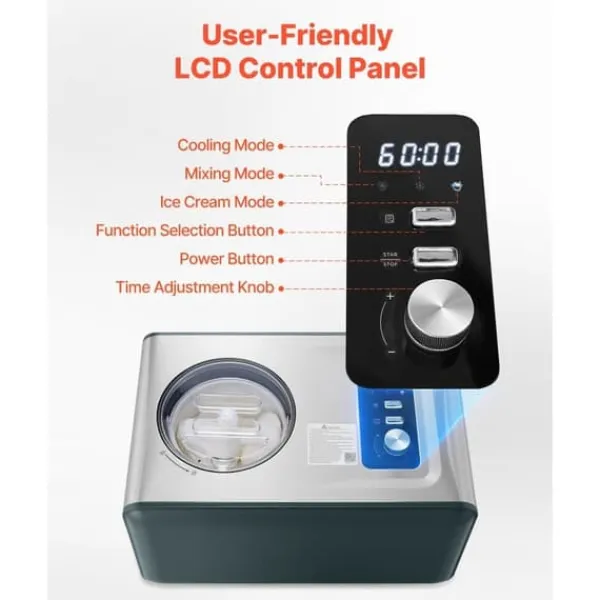 Automatisk Ismaskine, 1,5L Kompressor Model, Ingen Forfrysning, Elektrisk Sorbetmaskine, 3 Funktioner