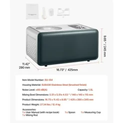 Automatisk Ismaskine, 1,5L Kompressor Model, Ingen Forfrysning, Elektrisk Sorbetmaskine, 3 Funktioner