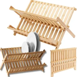 Opvaskestativer & Tørrestativer>Bambus opvaskestativ, to niveauer, foldbart, træ