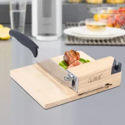 Biltong- & jerky-skærer, guillotine med egetræsskærebræt og træbase, husholdningsmodel, beige Online