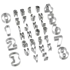 Udstikkere>BOGSTAVER OG TAL FORM KAGEUDSLUTNINGER, metal, sølv