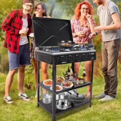 Bærbart Campingkomfur - Multibrændselskomfur - 5 Brændere - 2 Sideborde - Vindskærm - Uden Tænding - Sort