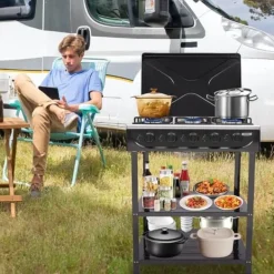 Bærbart Campingkomfur - Multibrændselskomfur - 5 Brændere - 2 Sideborde - Vindskærm - Uden Tænding - Sort