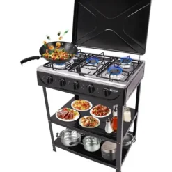Bærbart Campingkomfur - Multibrændselskomfur - 5 Brændere - 2 Sideborde - Vindskærm - Uden Tænding - Sort