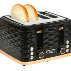 Brødristere, Raclettegrills Og Sandwichtoastere>Brødrister med 4 skiver, bølgeformet design, flere funktioner, krummebakke, sort