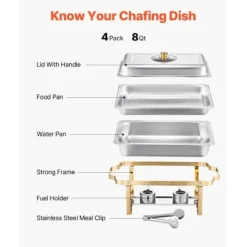 Chafing Dish Buffet Sæt, 4 stk 8 Qt, Rustfrit Stål, Guld, Catering Varmer Sale
