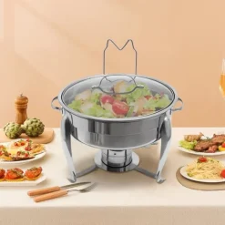 Chafing Dish, 6L Kapacitet, Rustfrit Stål Konstruktion, Glaslåg, Alkoholvarmer, Ideel til Sammenkomster Online