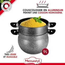 Madlavningsmaskiner>Couscoussier - MENASTYL - 6020033 - Marmorlook aluminium - 9 liter - Velegnet til alle varmekilder inklusive induktion