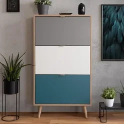 Tøj- & Garderobeopbevaring>CUBA Skoskåp 18 par - Sonoma ek och ljusgrå dekor - L 70 x D 24 x H 127 cm