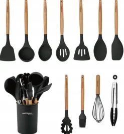 12-delt køkkenredskabssæt: Ske, piskeris, tang, stativ New