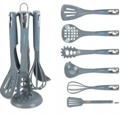 7-delt køkkenredskabssæt: Ske, piskeris, tang, stativ New