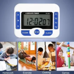 Æggeure>Digital køkkentimer, 4-kanals køkkennedtællingstimer med LCD-skærm, foldbart stativ og hængende hul, magnetisk bagside (hvid + blå)