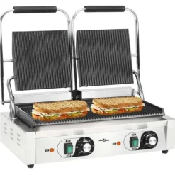 Brødristere, Raclettegrills Og Sandwichtoastere>Dobbelt rillet paninigrill 3600 W - Robuste støbejernsplader | Størrelse: 57x30,5x20 cm