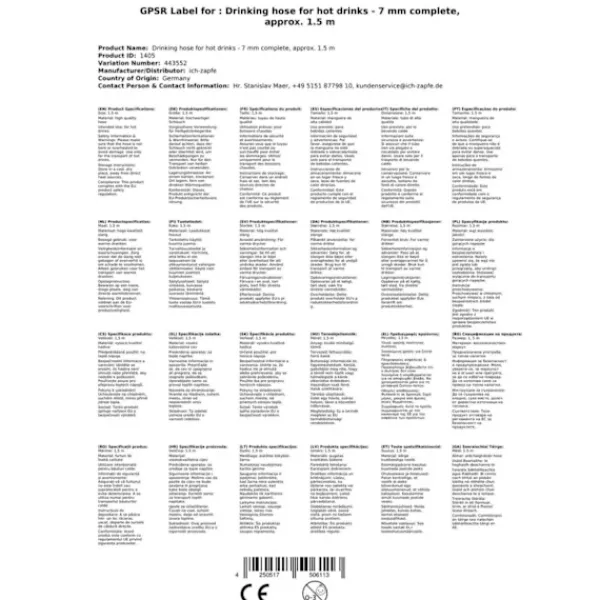 Drik slange hot beverage apparater - 10mm helt færdig, omkring 1,5 m