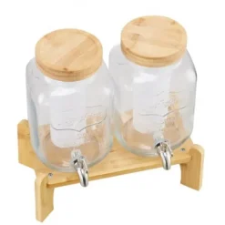 Drikkedispenser, 2-pak glasjuicebeholder med træstander, 30x15x24,4 cm, transparent New