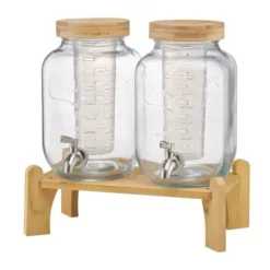 Drikkedispenser, 2-pak glasjuicebeholder med træstander, 30x15x24,4 cm, transparent New