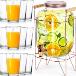 Drikkekrukke med hane og guldfod 5,5 l + 12 glas 200 ml Hot