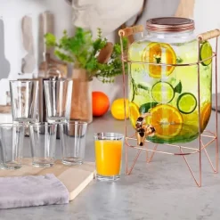 Drikkekrukke med hane og guldfod 5,5 l + 12 glas 200 ml Hot