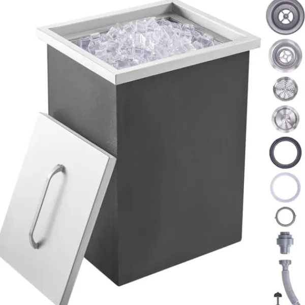 Isspande & Kølere>Drop-in isokiste, 14"L x 12"B x 18"H i rustfrit stål, kommerciel isbeholder med låg. Inkluderer afløb til kolde drikke.