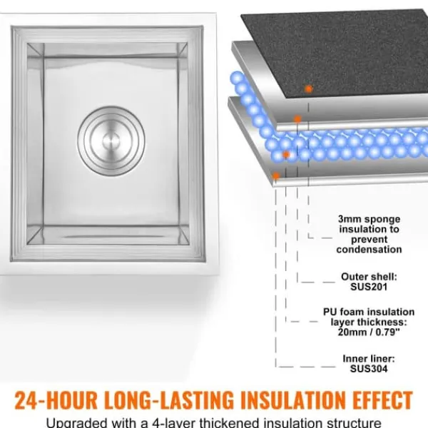 Isspande & Kølere>Drop-in isokiste, 14"L x 12"B x 18"H i rustfrit stål, kommerciel isbeholder med låg. Inkluderer afløb til kolde drikke.
