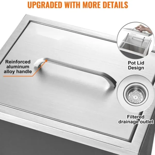 Isspande & Kølere>Drop-in isokiste, 14"L x 12"B x 18"H i rustfrit stål, kommerciel isbeholder med låg. Inkluderer afløb til kolde drikke.