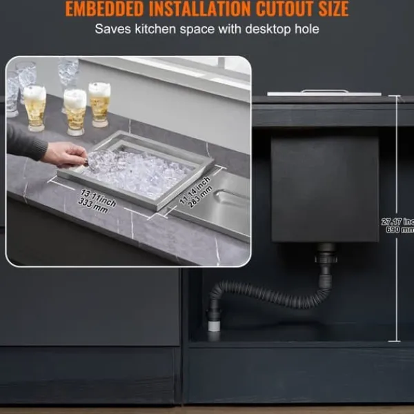 Isspande & Kølere>Drop-in isokiste, 14"L x 12"B x 18"H i rustfrit stål, kommerciel isbeholder med låg. Inkluderer afløb til kolde drikke.