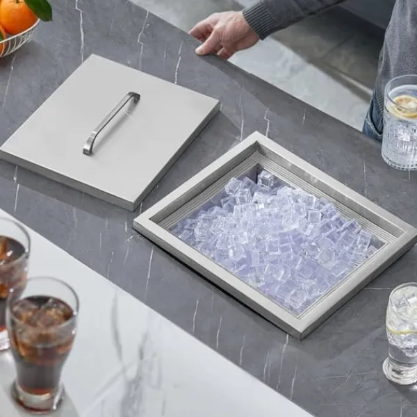 Isspande & Kølere>Drop-in isokiste, 14"L x 12"B x 18"H i rustfrit stål, kommerciel isbeholder med låg. Inkluderer afløb til kolde drikke.