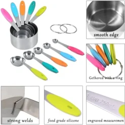 Ejoyous 10 stk. målebægre og skeer i rustfrit stål med silikonehåndtag Køkken M Clearance