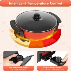 Elektrisk hotpot & fonduegryde - To-delt separerbar - 1360 W - 6 L - Ø 31 cm - 5-trins temperaturkontrol - 220 V - Med låg - Sort Hot