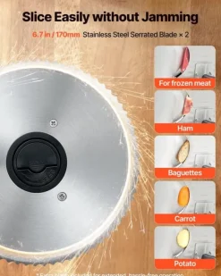 Elektrisk pålægsmaskine - Kødskæremaskine - 150 W - 170 mm Blad - 65–90 o/min - 0–15 mm Justerbar Skivetykkelse - Til Frossent Kød og Brød Outlet
