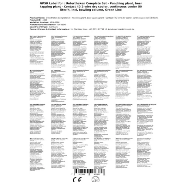 Ølhaner>Fadølsanlæg - kontakt 40 2-sidet tør køler, kontinuerlig køler 50 liter/h, inkl. Dispensersøjle, Green Line, KEG:Type M, KEG 2:5 liters adapter