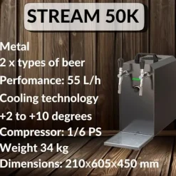 fadølsanlæg STREAM 50K med luftpumpe, ølkasse, gennemstrømningskøler 2-linjers tørkøler , op til 55 liter/h, KEG:5 liters adapter, KEG 2:KeyKeg