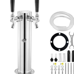 Fadølstårn med dobbelte vandhaner, rustfrit stål, Kegerator Tower Kit med formonterede slanger og selvlukkende vandhane til fest og bar