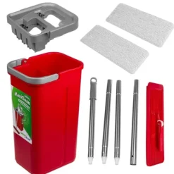 Flad moppe + spand + teleskopstang + 2 x mikrofiberpude 5,7 l gulvrengøring XXL sæt roterende hoved Clearance