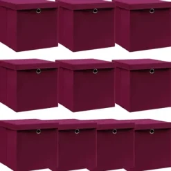 Foldbare opbevaringskasser med låg - 10 stk. | Farve: Mørkerød | Størrelse: 32x32x32 cm Online