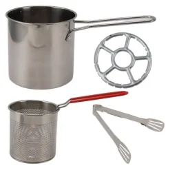 Køkkenudstyrssæt>Frituregryde i rustfrit stål Højtemperaturbestandig oliebesparende bærbar mini-metalfrituregryde med langt håndtag 4-delt sæt